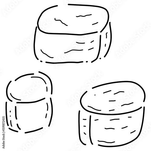 Vector illustration of various cheese blocks in doodle style. Includes wedge-shaped and cube-shaped cheese pieces, ideal for food packaging, culinary designs, dairy product ads, and hand-drawn icon