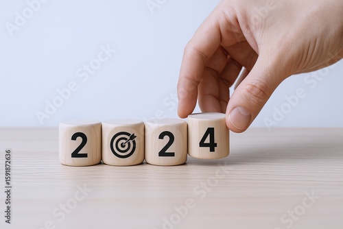Hand arranging wooden blocks with the numbers 2024 on a light surface for New Year celebration.