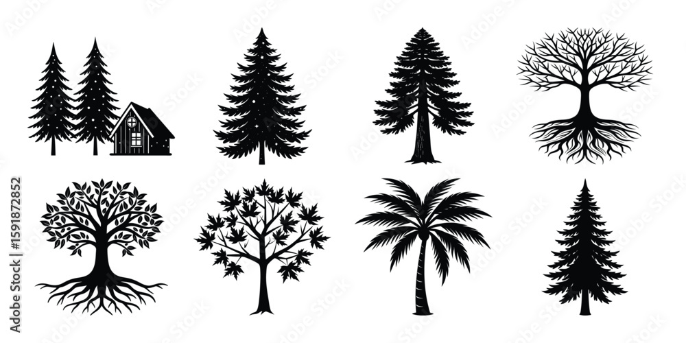 Obraz premium Collection of stylized black silhouette trees; cabin, evergreen, palm, maple, and root illustrations.