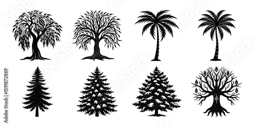 Collection of eight stylized black and white tree silhouettes: willow, palm, fir, and whimsical designs.