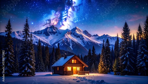 Wallpaper Mural Cozy cabin nestled in snowy mountains, starry night Torontodigital.ca