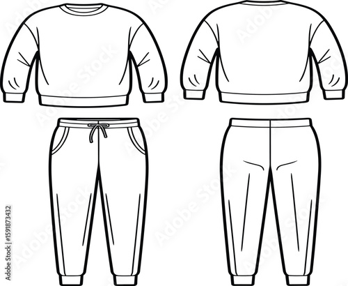 CAD drawing flat vector illustration, sweatshirt front view, sweatshirt back view, sweatpants flat view, apparel fashion design template