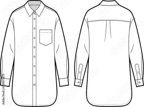 CAD drawing, flat vector illustration, button-up shirt front view, back view, long sleeve shirt, fashion template, garment sketch,