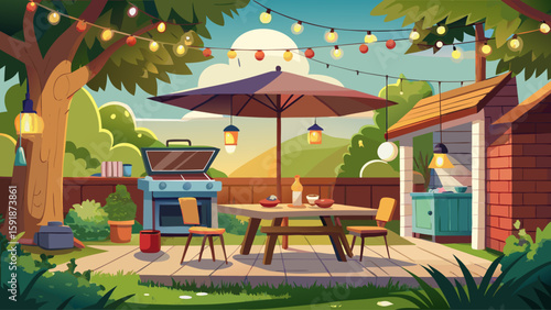 Back patio with BBQ grill, table, and food prep station under string lights. Evening barbecue setting