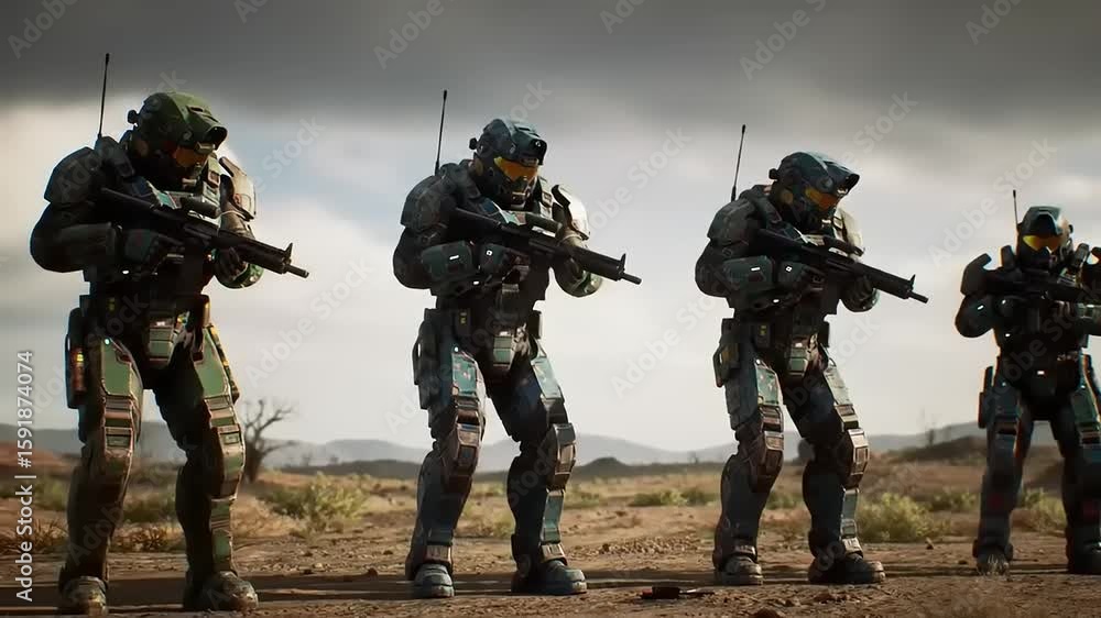 Soldiers in desert with armed patrol. Soldiers in desert with armed patrol.