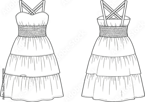 Elegant summer dress, tiered skirt, crisscross straps, fashion cad drawing, flat vector sketch, front back views, technical illustration