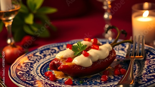 Traditional kueh lapis dessert with red and white frosting patterns on marble plate.