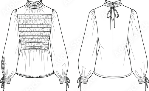 Fashion CAD drawing flat vector illustration of women's blouse, ruffled collar, smocked front, tie-back, gathered cuffs, stylish top