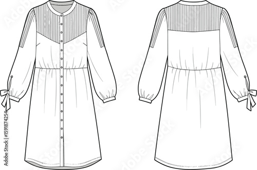Fashion dress CAD flat sketch, pleated yoke long-sleeve dress, button front garment design vector illustration for apparel brands