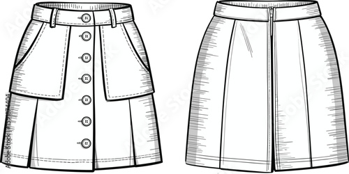 Fashion skirt front view, back view, CAD drawing, vector illustration, trendy apparel, sewing pattern, technical flat, garment design