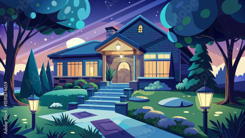 Night scene of house exterior with motion-sensor lights illuminating the walkway and garden