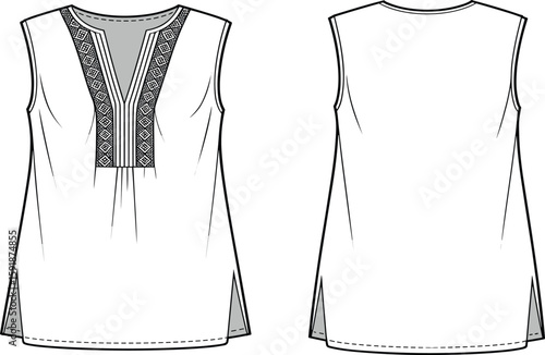 Sleeveless tunic top flat sketch, front and back view, intricate geometric embroidery fashion CAD drawing, vector technical illustration