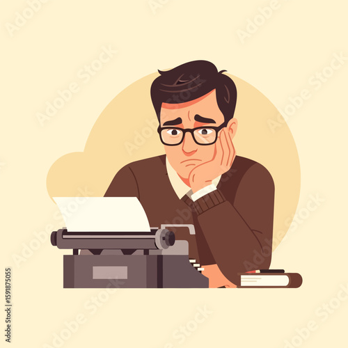 Writer with a Typewriter Facing Writer's Block Frustration Concept