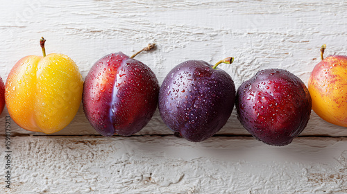 juicy plums with water droplets on a rustic wooden board. AI generation.