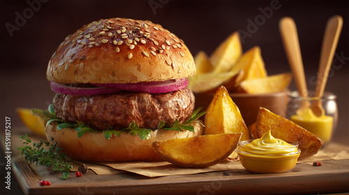 Classic burger on a warm brown background. AI generation.