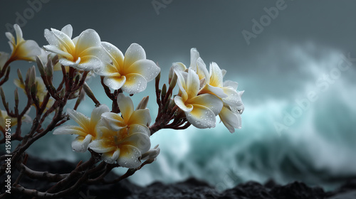 fresh plumeria flowers with white and yellow petals, covered in water droplets. AI generation.