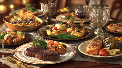 holiday dinner table with steak, roasted vegetables. AI generation.