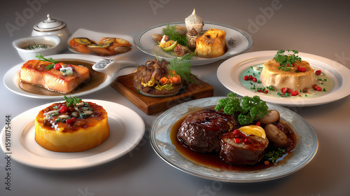 gourmet meals served on an elegant dining table. AI generation.