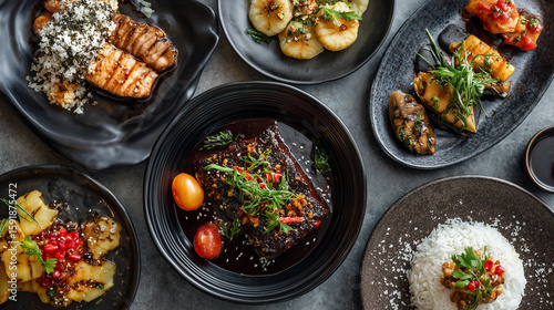 Top view of modern Asian cuisine. AI generation.