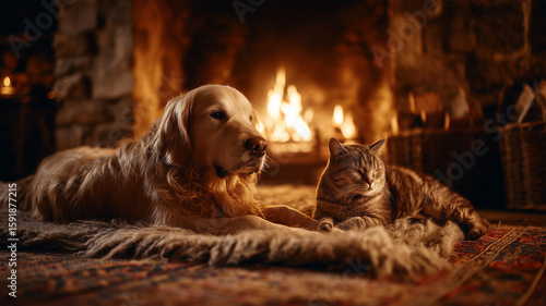 Wallpaper Mural 犬と猫が暖炉前でぬくもりを分かち合う Torontodigital.ca