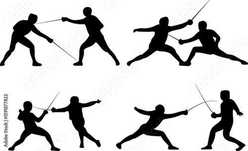 set silhouette fencers in different angles, vector