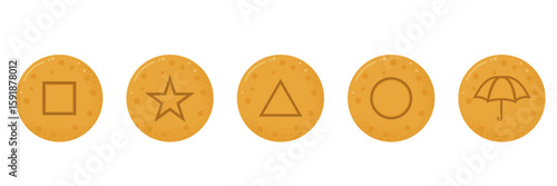 Set of five traditional Korean dalgona candies, each featuring different shape square, star, triangle, circle, and umbrella used in games or as sweet treats. Vector art