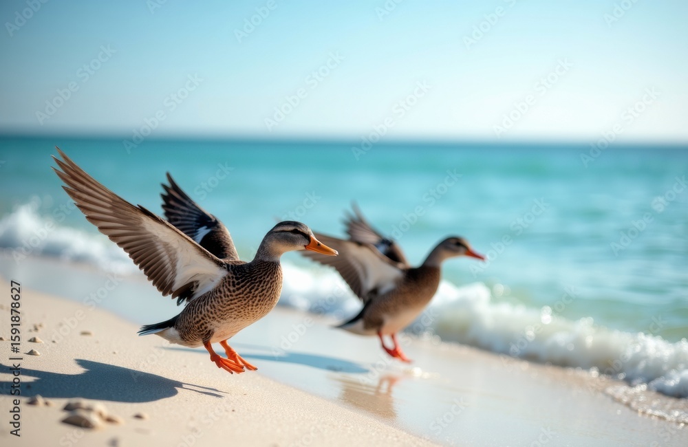 Fototapeta premium Mallard ducks walking along sandy beach with ocean waves in the background