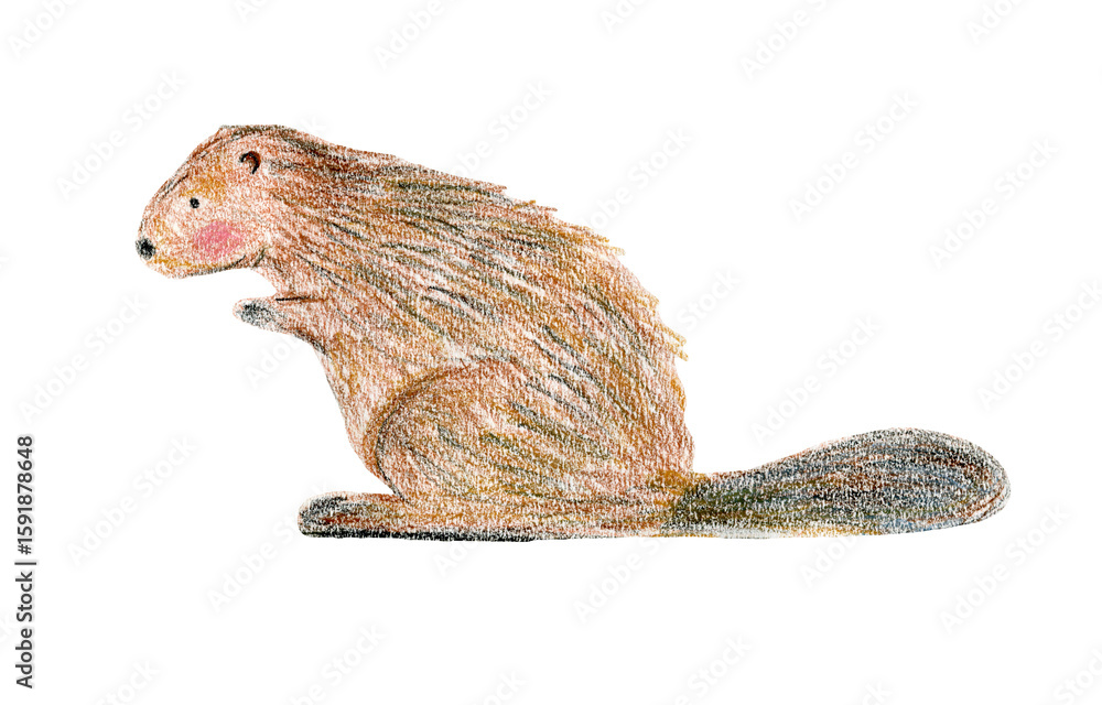 Obraz premium Cute color crayon pencils drawing brown beaver with big tail. Childish hand drawn textured illustration with forest animal for kid greeting card design, children banner, sticker, wildlife poster
