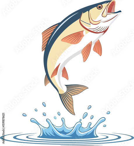 Illustration of a fish jumping out of the water with splash on a white background design art