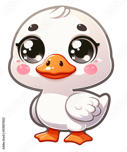 Sweet duckling cartoon illustration with big eyes and orange beak, perfect for nursery art, kids’ products, and educational materials.