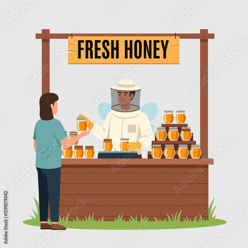 Buying Fresh Honey at Local Market Stand From Beekeeper