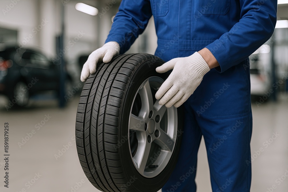 Fototapeta premium Technician in blue uniform and gloves inspecting new car tire in auto repair shop.