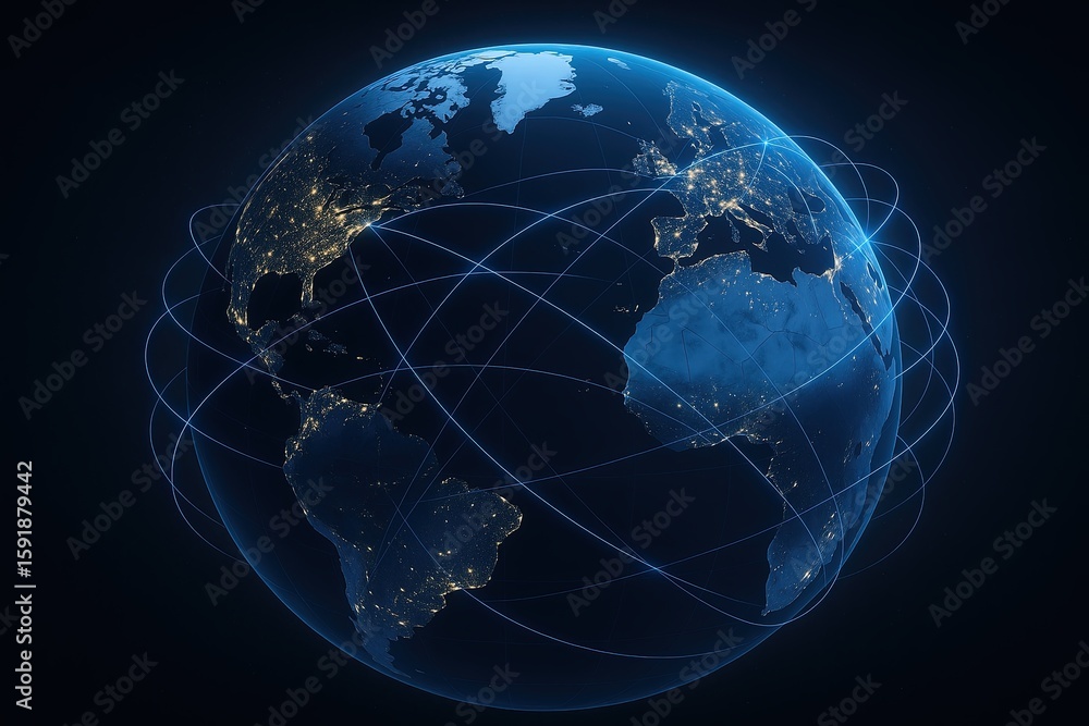 Obraz premium Stunning digital globe visualization illustrating global connectivity and communication networks.