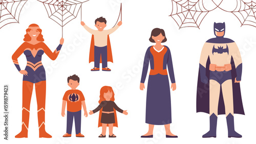 Cartoon family in superhero costumes including batman and spiderwebs for halloween party celebration event