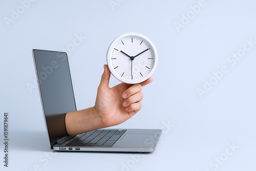 Wallpaper Mural Hand emerging from laptop holding a white round analog clock showing time at 10:10. Torontodigital.ca
