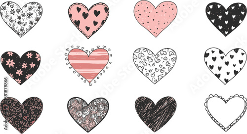 Vector art of a collection of twelve handdrawn heart designs, perfect for adding a personal touch to any project, isolated on transparent background