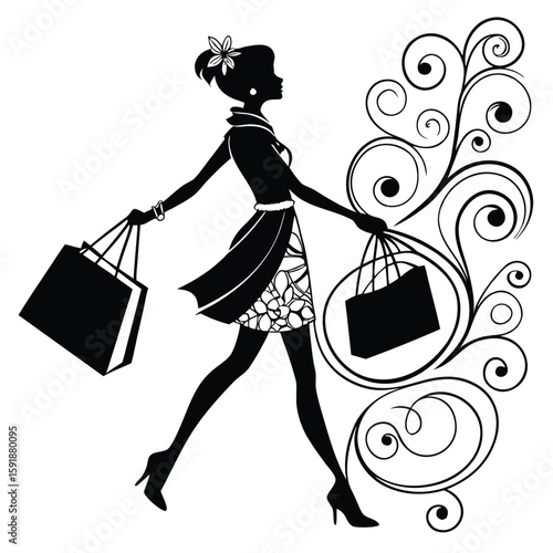 Elegant Shopper Silhouette with Floral Swirls for Fashion Promotion