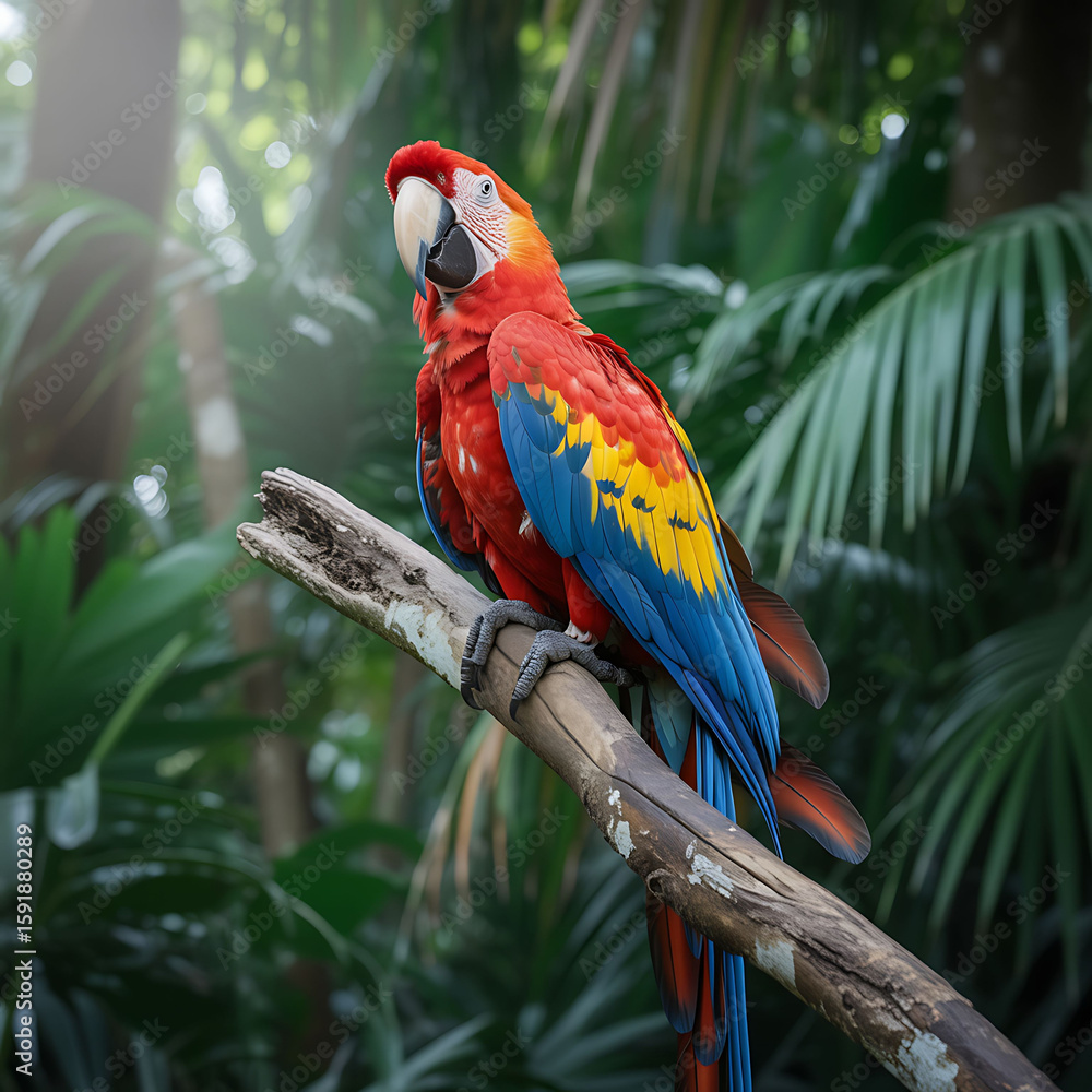Obraz premium Scarlet macaw perched on a branch in lush green foliage