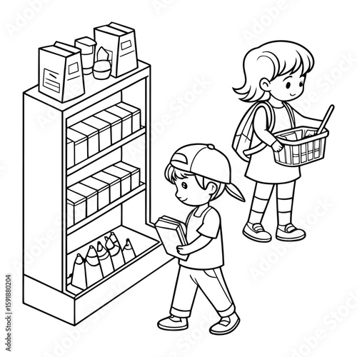 Children in a grocery store aisle selecting items from shelves and carrying shopping baskets