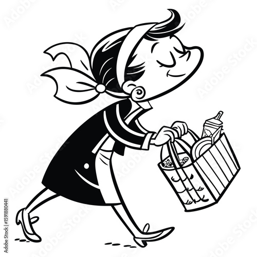 Happy woman carrying a shopping bag filled with groceries and household items