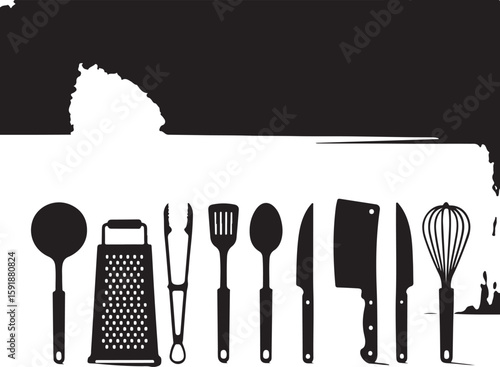 Black kitchen utensils arranged on a white background