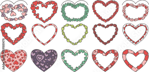 Vector art of collection of heart wreaths and patterned hearts isolated on transparent background, great for valentines day designs