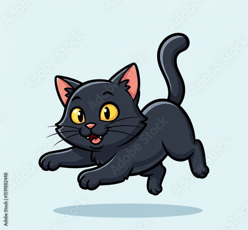 Cute black cat cartoon character jumping playfully with a happy expression. Adorable feline vector illustration isolated on a light blue background.