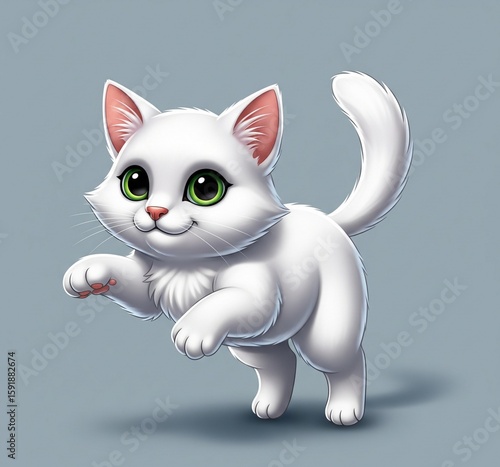 An adorable illustrated white kitten with mesmerizing green eyes and a fluffy tail, captured mid-pounce in a playful pose.