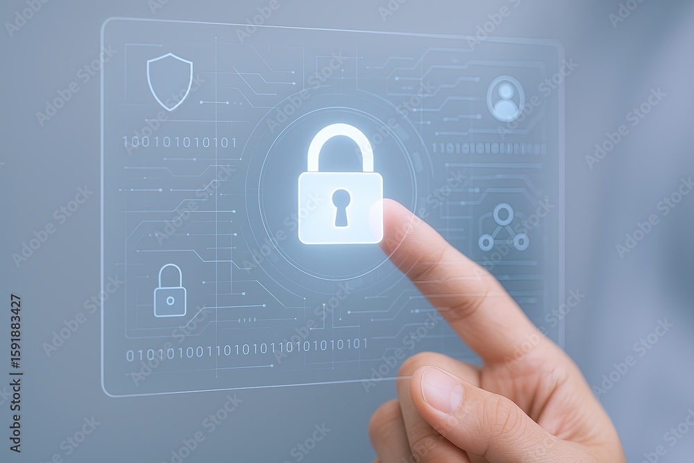 Fototapeta premium Modern touchscreen digital security interface with highlighted lock icon and cybersecurity elements.