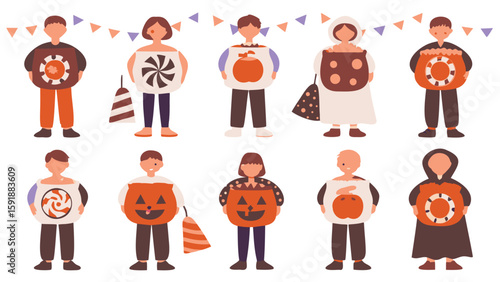 Group of children in halloween costumes with hanging pennants in a flat vector illustration