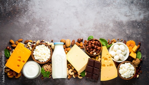 Wallpaper Mural Dairy and nut food assortment on textured surface Torontodigital.ca