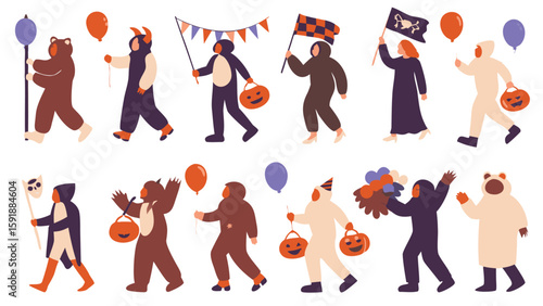People in halloween costumes parade with balloons flags and pumpkin baskets in a festive celebration