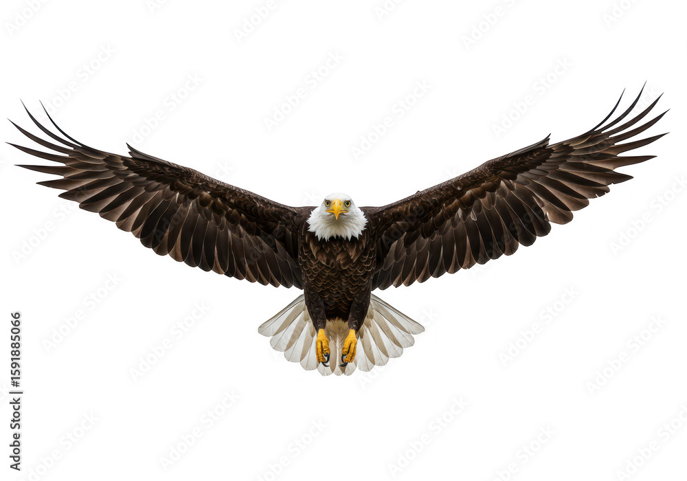 Obraz premium A majestic bald eagle soars through the sky with its wings fully spread, isolated on a transparent background