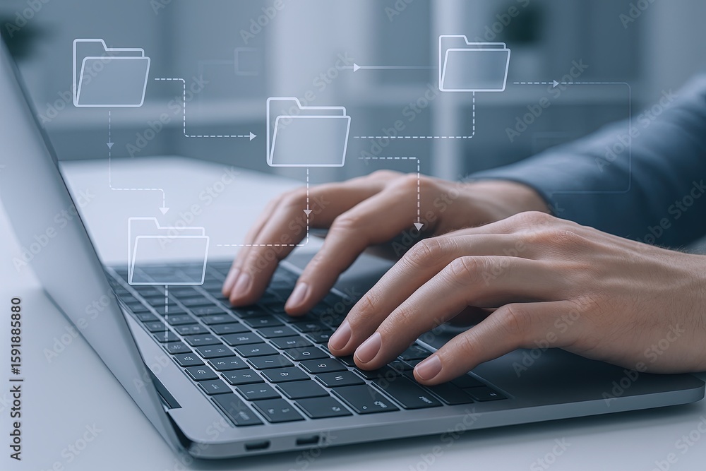 Obraz premium Modern digital data transfer concept with cloud storage and file sharing for collaboration.